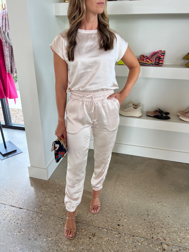 Melissa Nepton Pearl Cary Jogger - Women's Fashion in Shiny Satin with Elastic Waist and Pockets