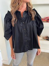 Black Poplin Ruffle Sleeve Button Top