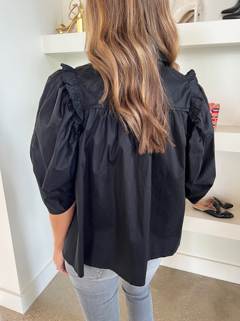 Black Poplin Ruffle Sleeve Button Top