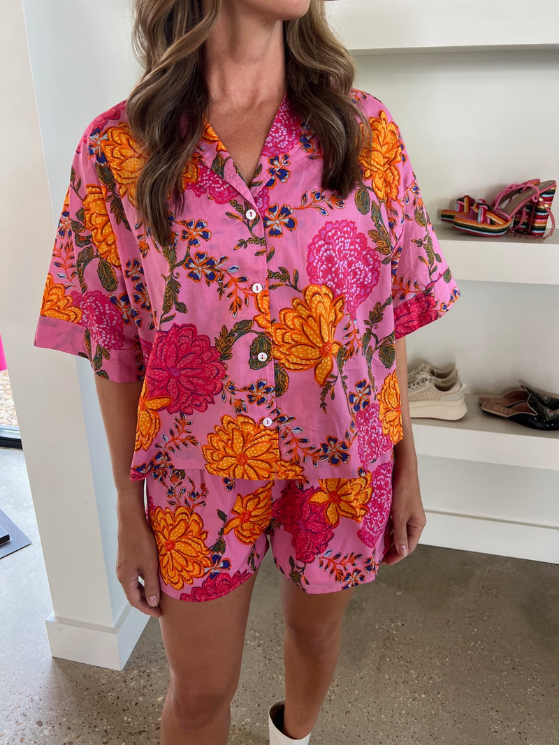 Pink Floral Poplin Button Up Top