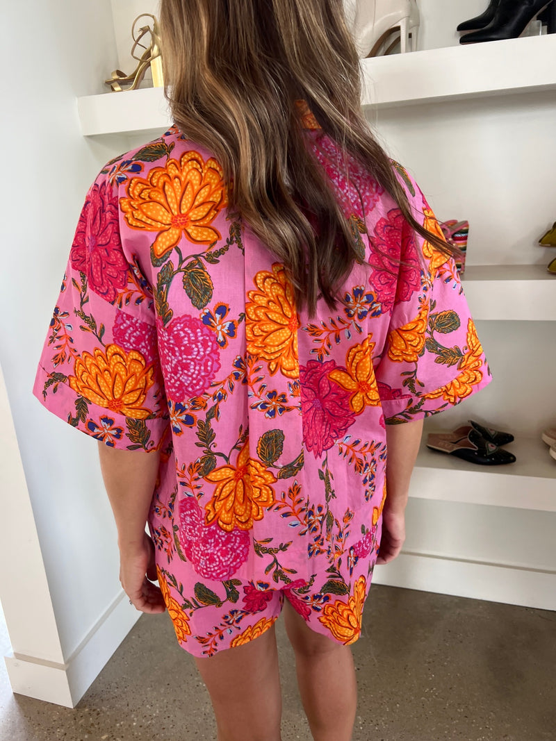 Pink Floral Poplin Button Up Top