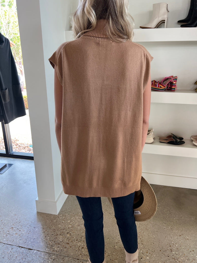 Camel Hi/Lo Sleeveless Turtleneck Sweater