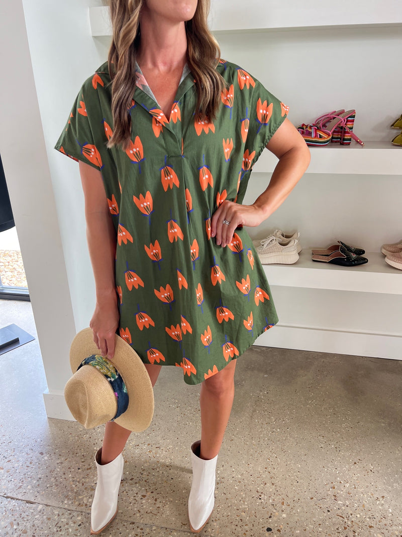 Karlie Olive Poppy Poplin Shirt Dress - Women's Fashion in Olive with Poppy Print