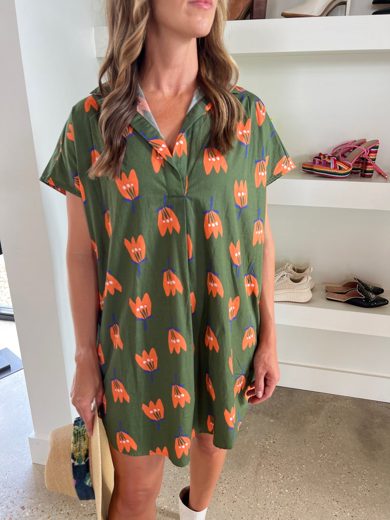 Olive Poppy Poplin Shirt Dress
