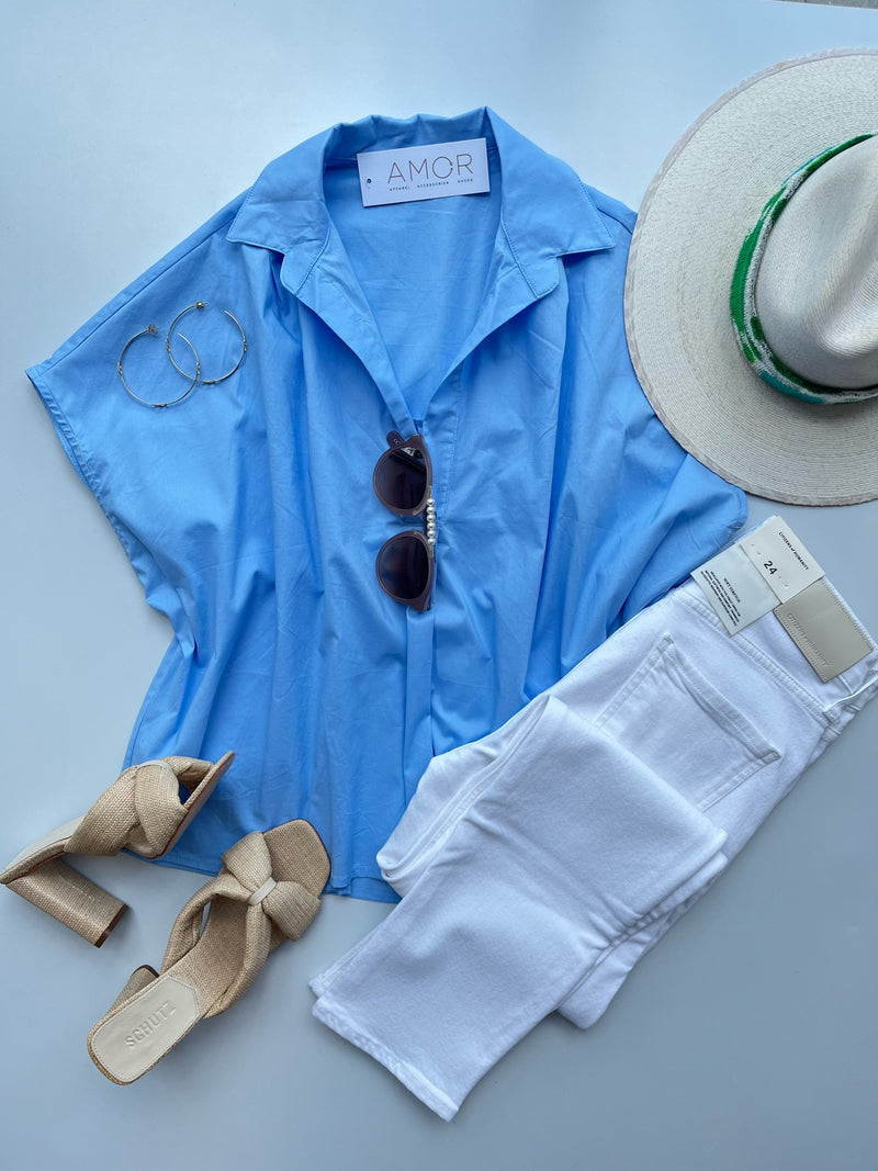 Blue Solid Poplin Collar V Neck Top