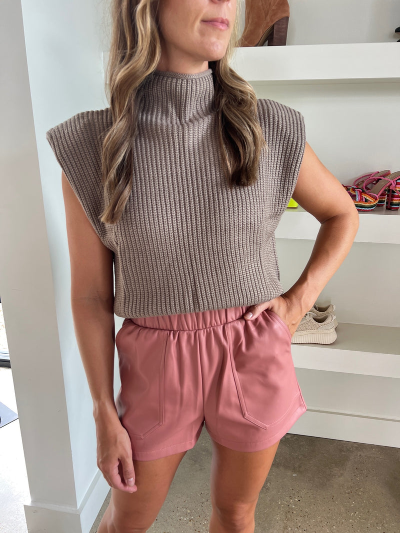 En Saison Taupe Karalie Knit Top - Women's Fashion with Mock Neck and Padded Shoulders