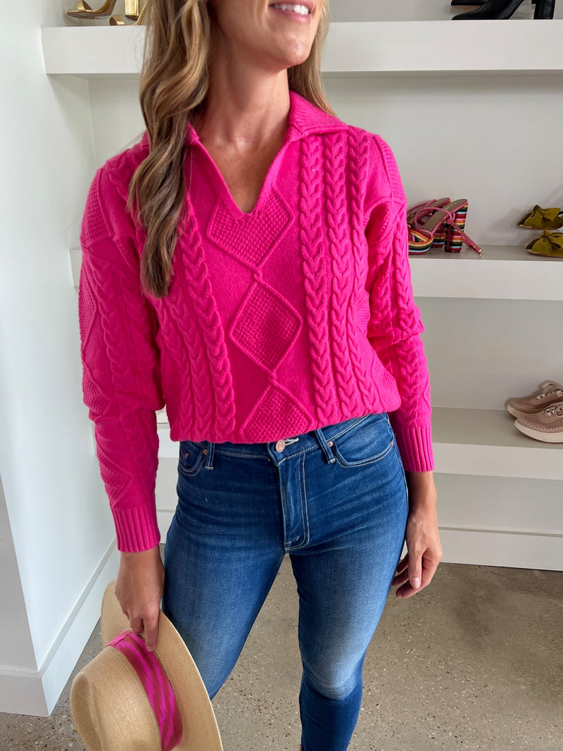 Greylin Fuchsia Thea Polo Cable Knit Sweater - Women's Fashion in Fuchsia with Cable Knit Design