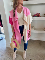 Pink Colorblocked Short Sleeve Cardigan - Women's Fashion for Stylish Layering