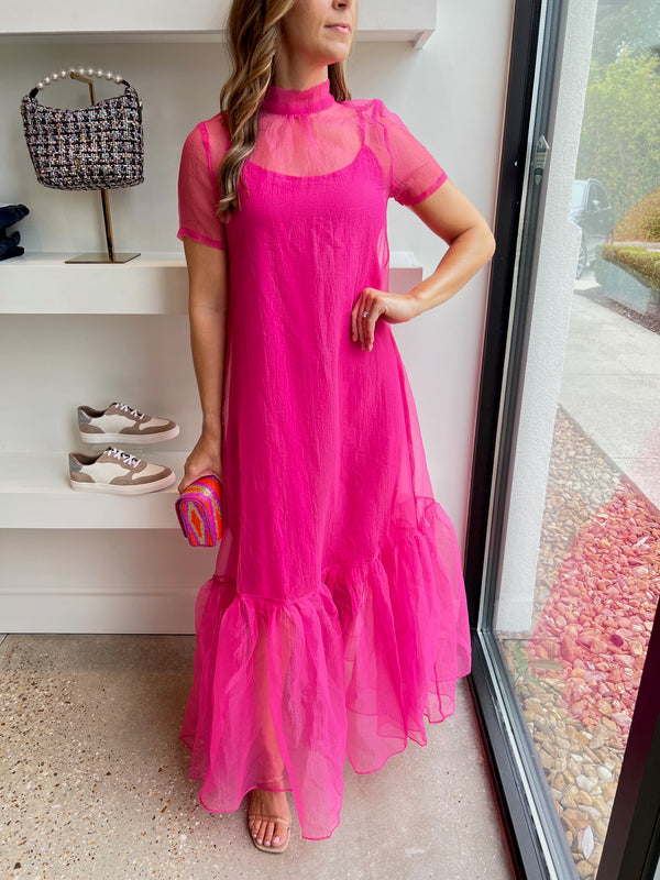 Pink Organza Mock Bow Maxi Dress