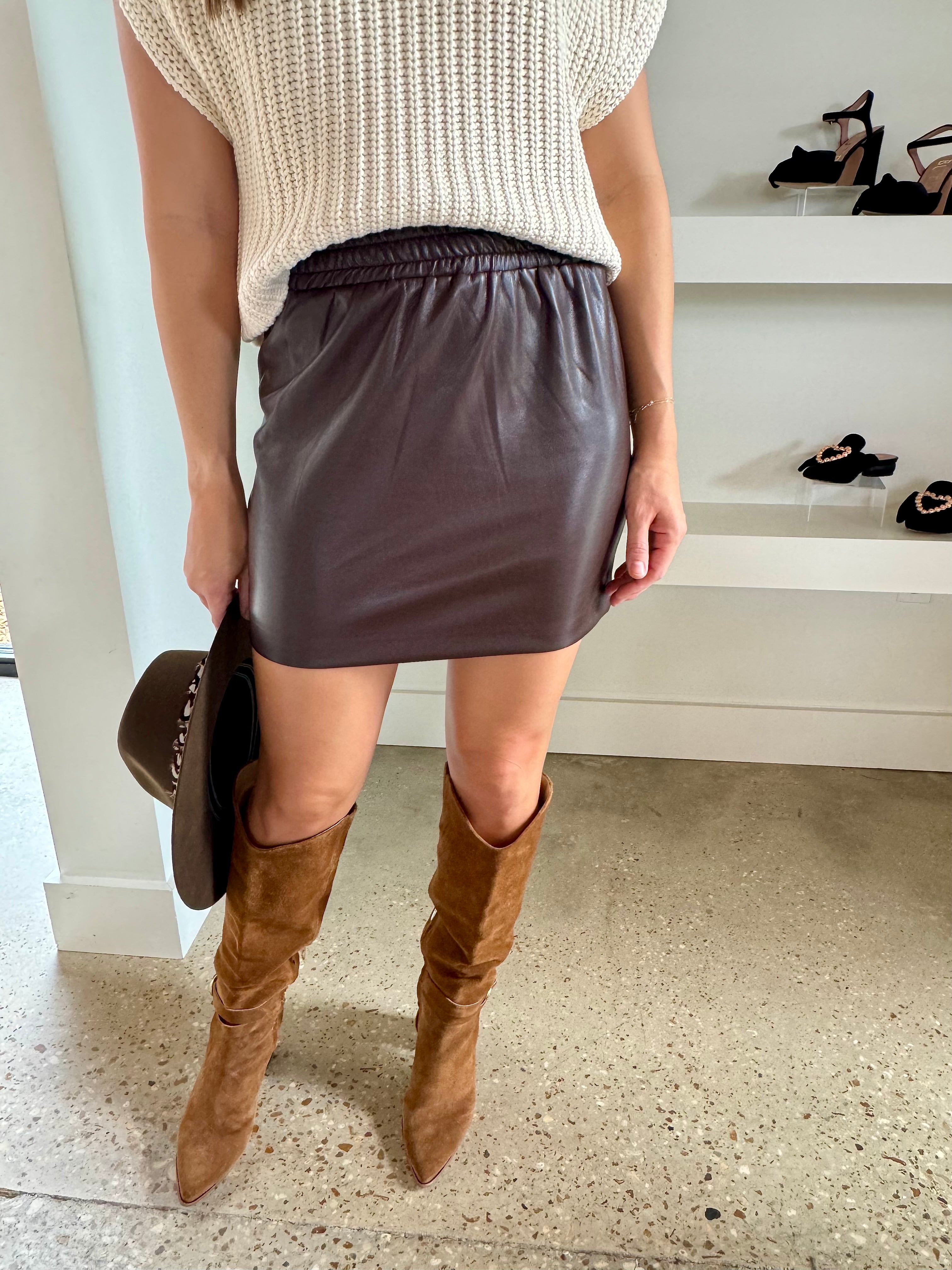 Coffee Vegan Leather Elastic Waist Mini Skirt