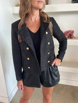 Alt Text: "Molly Bracken Black Woven Jacket - Women's Fashion with Gold Button Accents