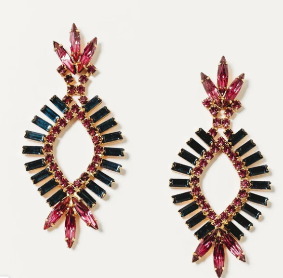 Elizabeth Cole Lola Earrings - Striking earrings featuring navy blue baguettes and deep pink marquise-shaped crystals, perfect for adding a vibrant and sophisticated touch to your outfit.