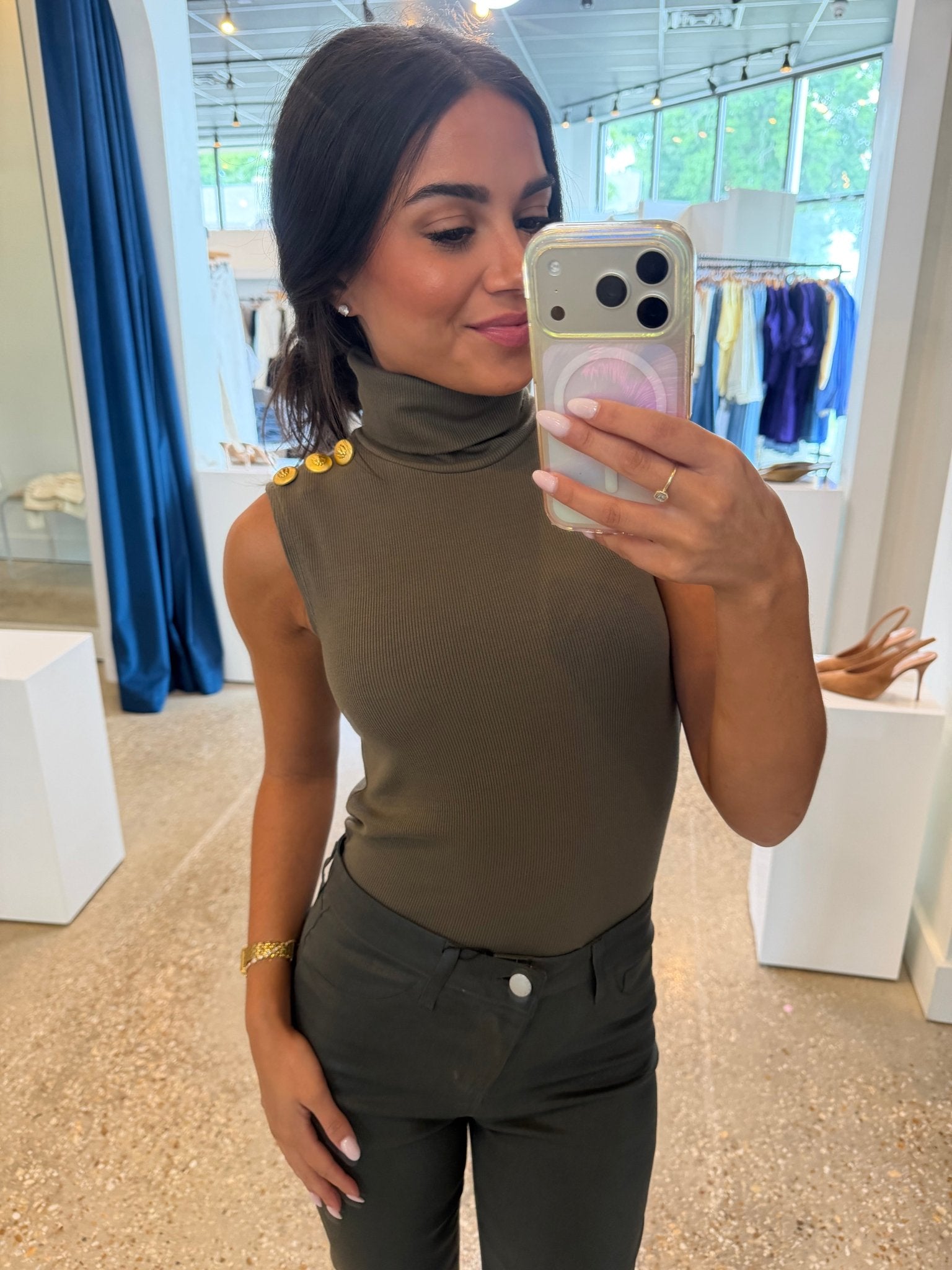 ASH OLIVE/GOLD CECI SLEEVELESS TURTLE NECK - Amor Lafayette