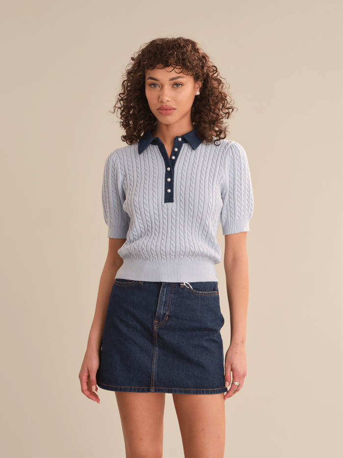 ASTOR DENIM MIX MINI CABLE SHORT SLEEVE PULLOVER