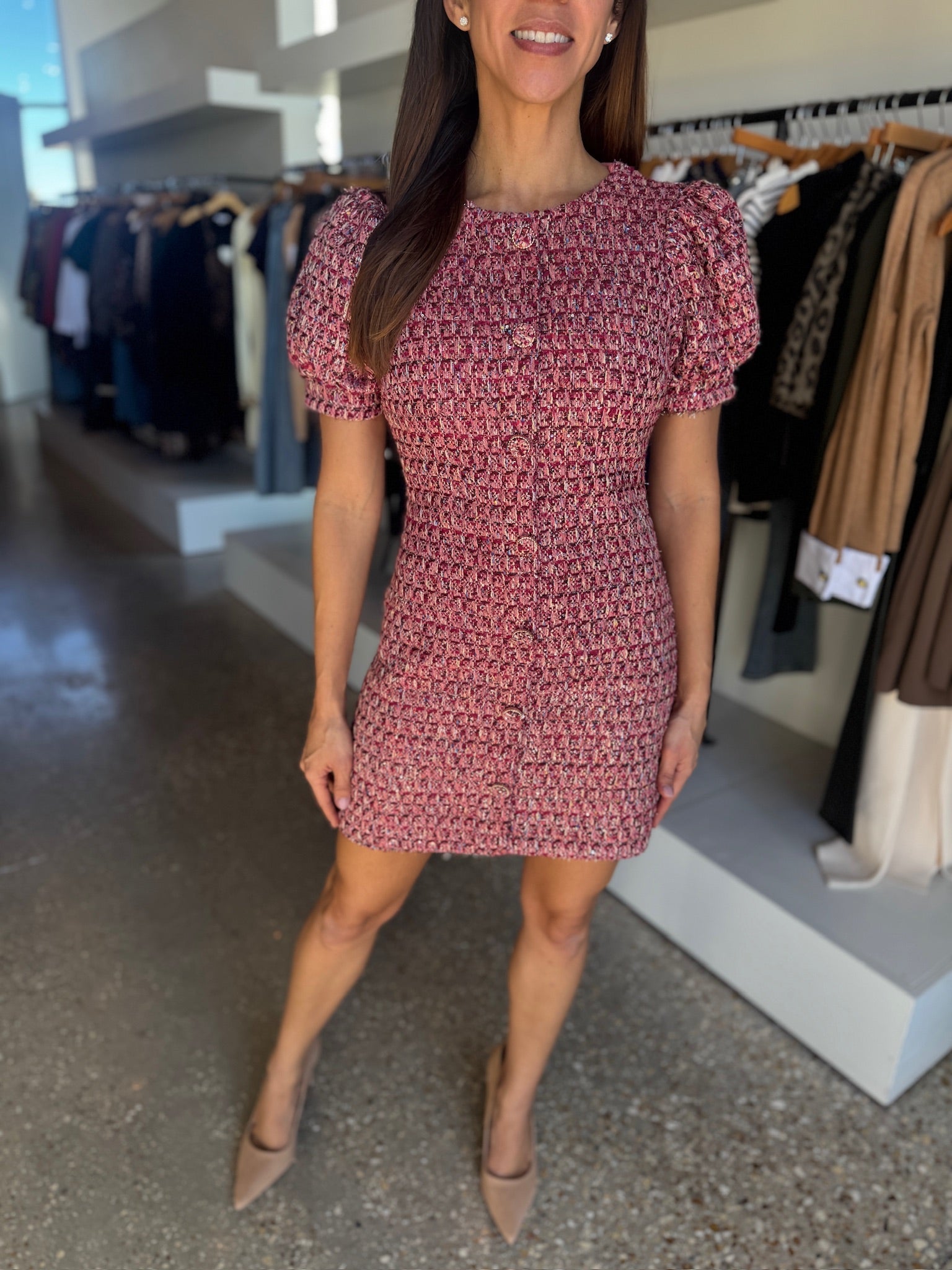 Berry Tweed Puff Sleeve Mini Dress - Amor Lafayette