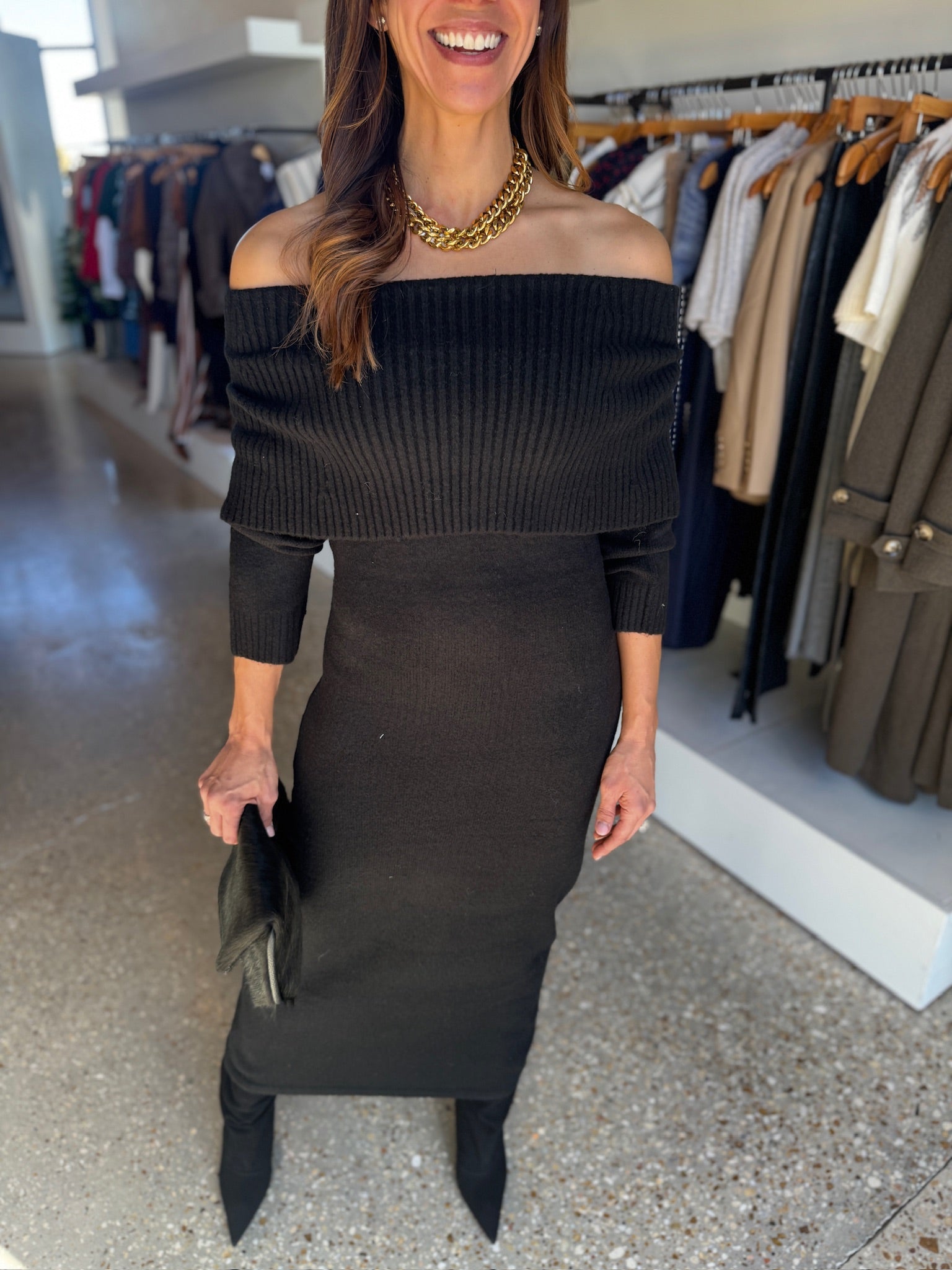 Black Emilia Knit Off Shoulder Dress