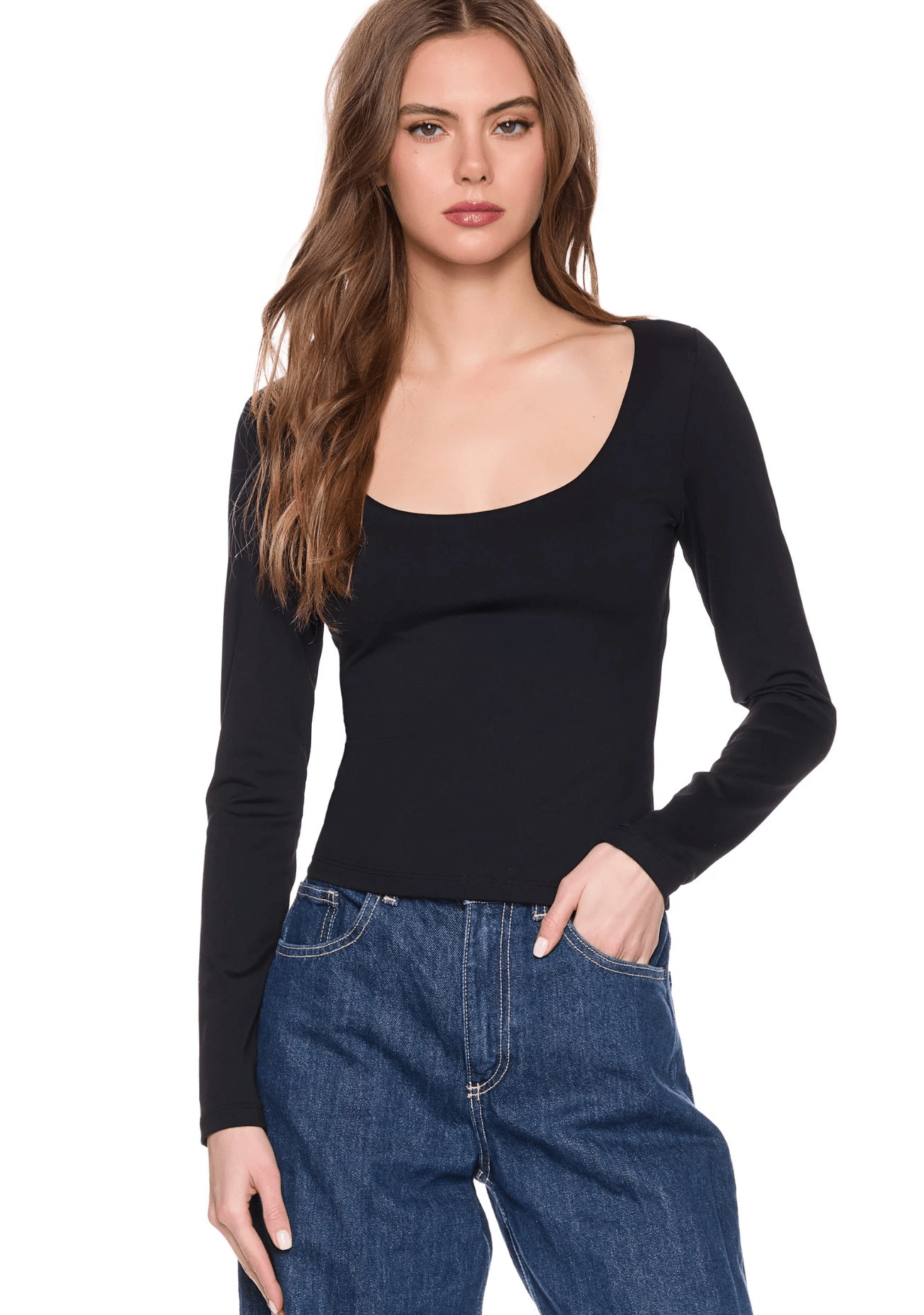 Black essential scoop front long sleeve top - Amor Lafayette