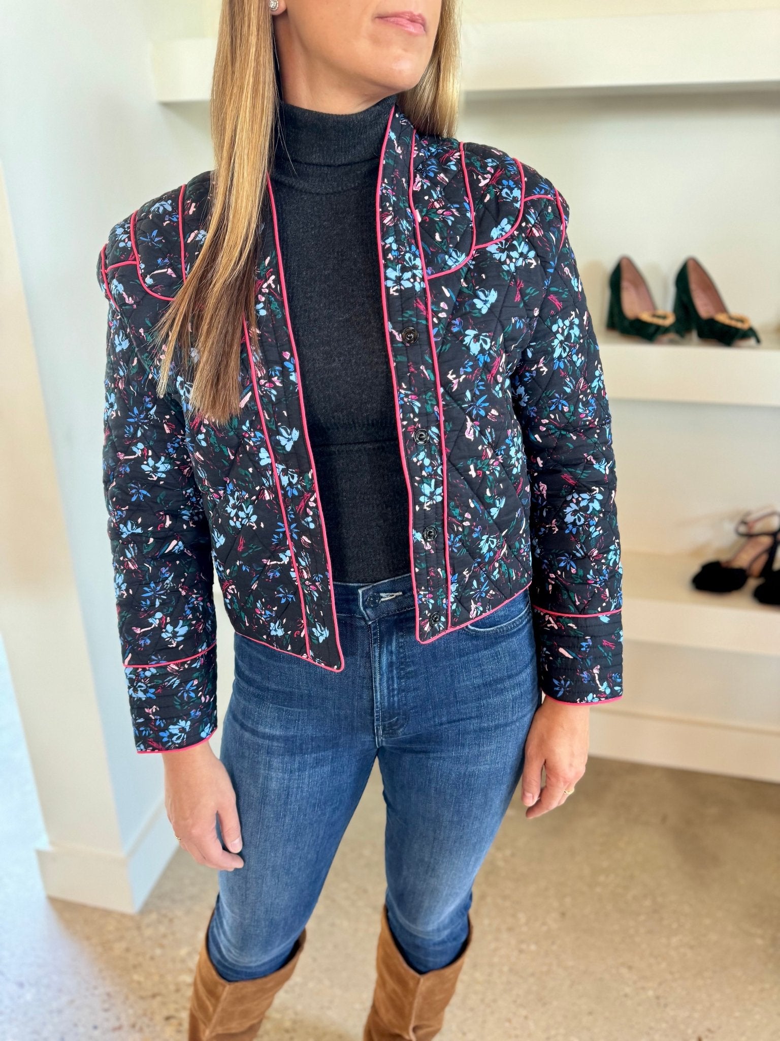 Black Floral Quilted Jacket - Amor Lafayette