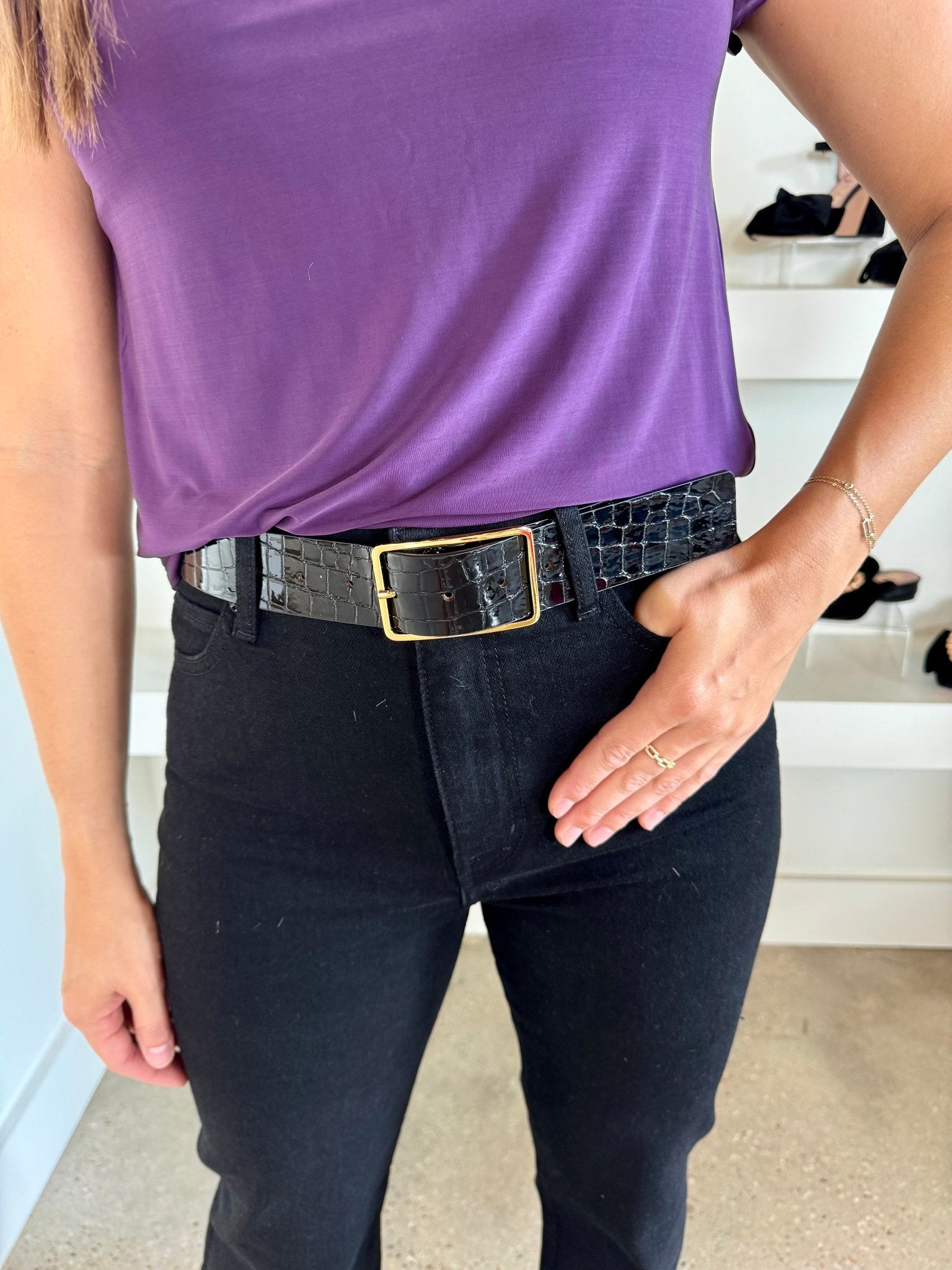 Black Gold Croc Milla Mod Belt - Amor Lafayette