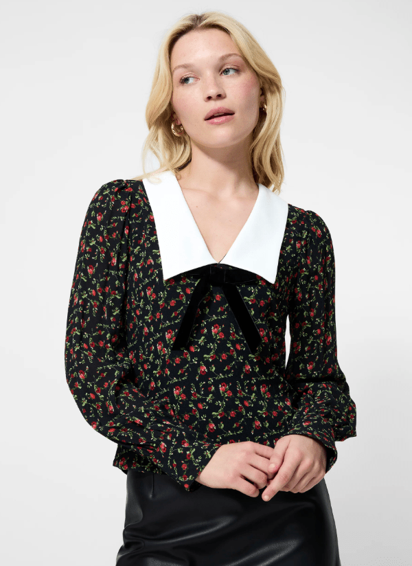 Black Julia Ditsy Yasmin Crepe Collared Top - Amor Lafayette