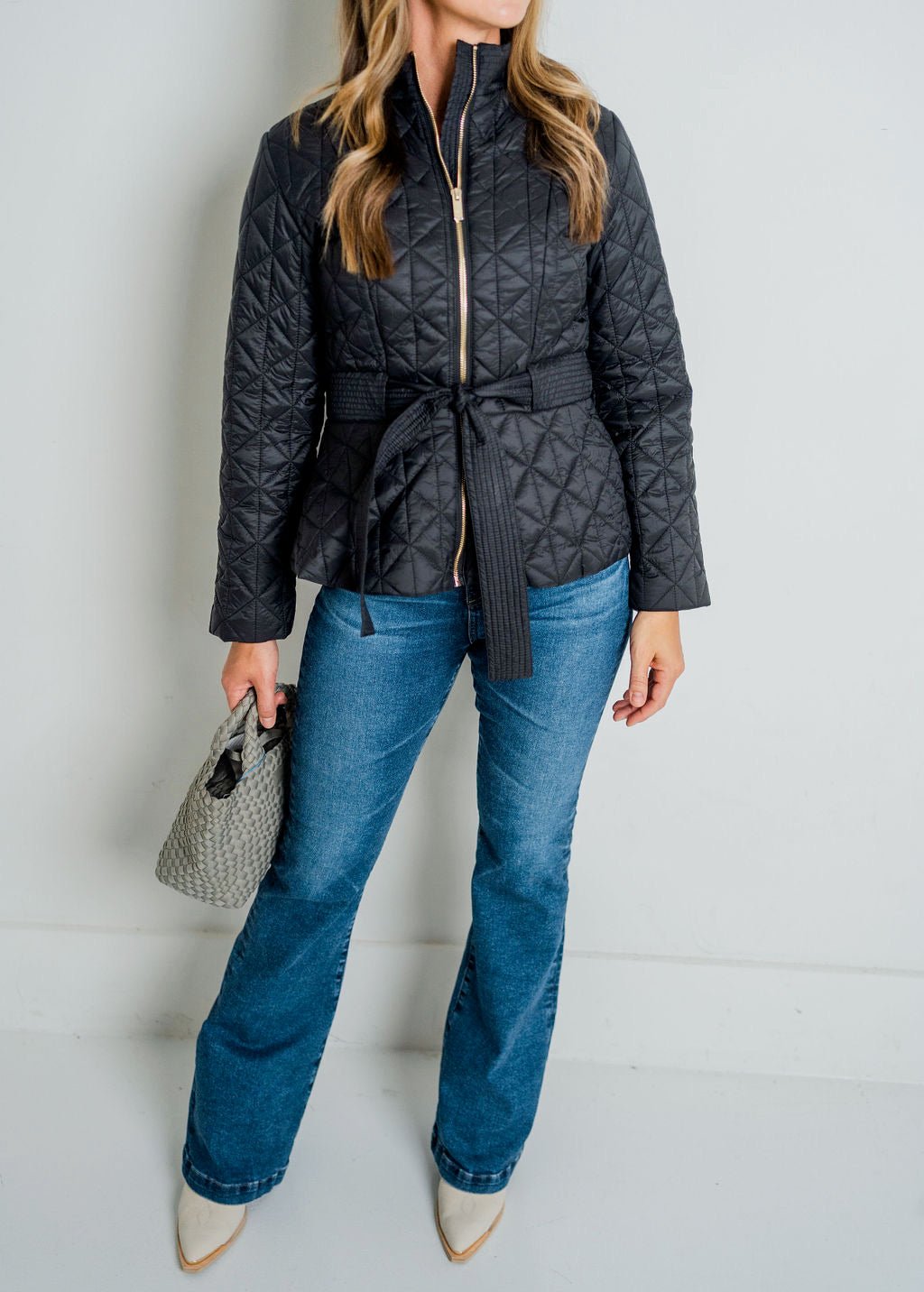 Black Pamela Diamond Belted Puffer - Amor Lafayette