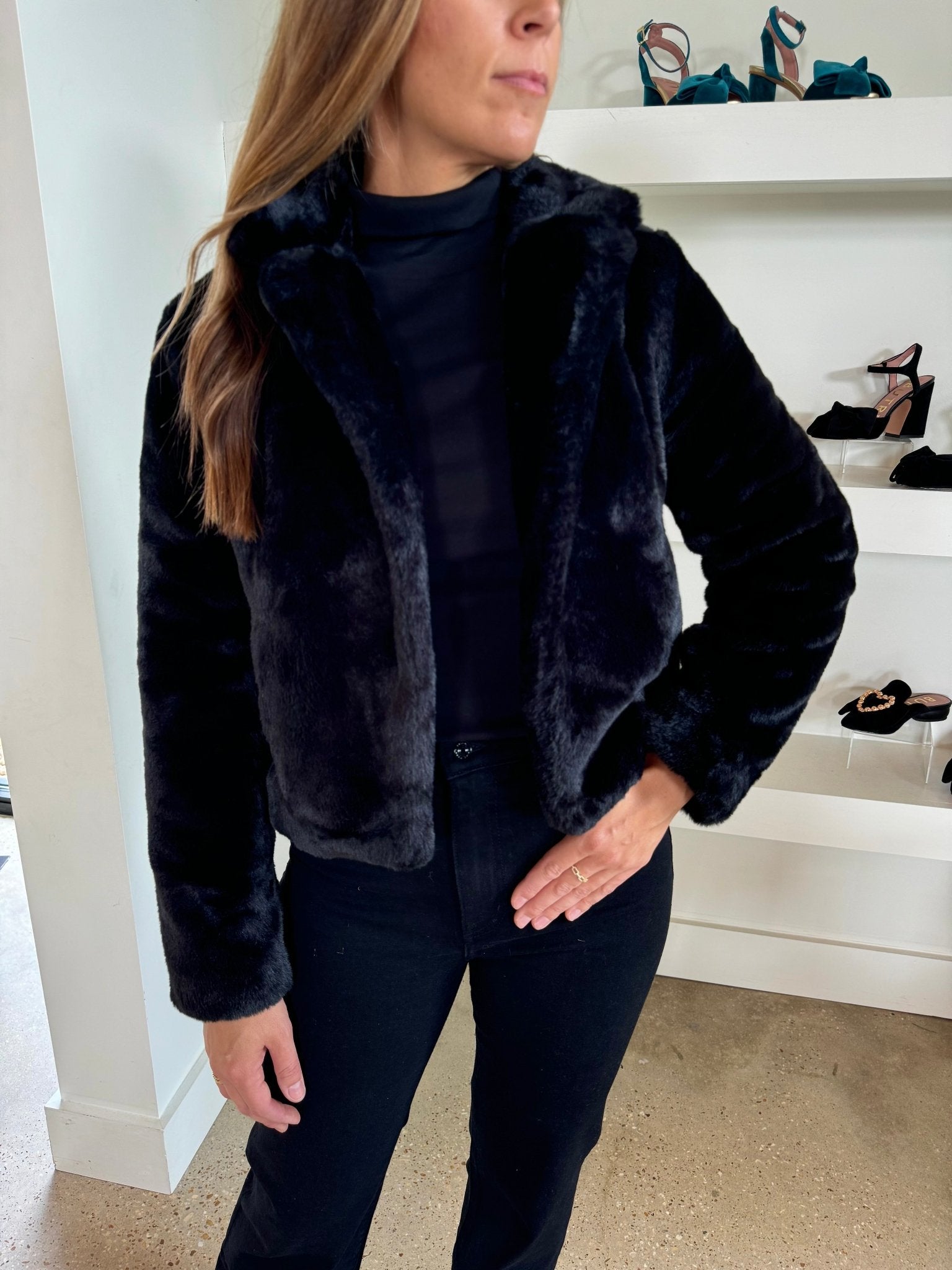 Black Plush Faux Fur Jacket - Amor Lafayette