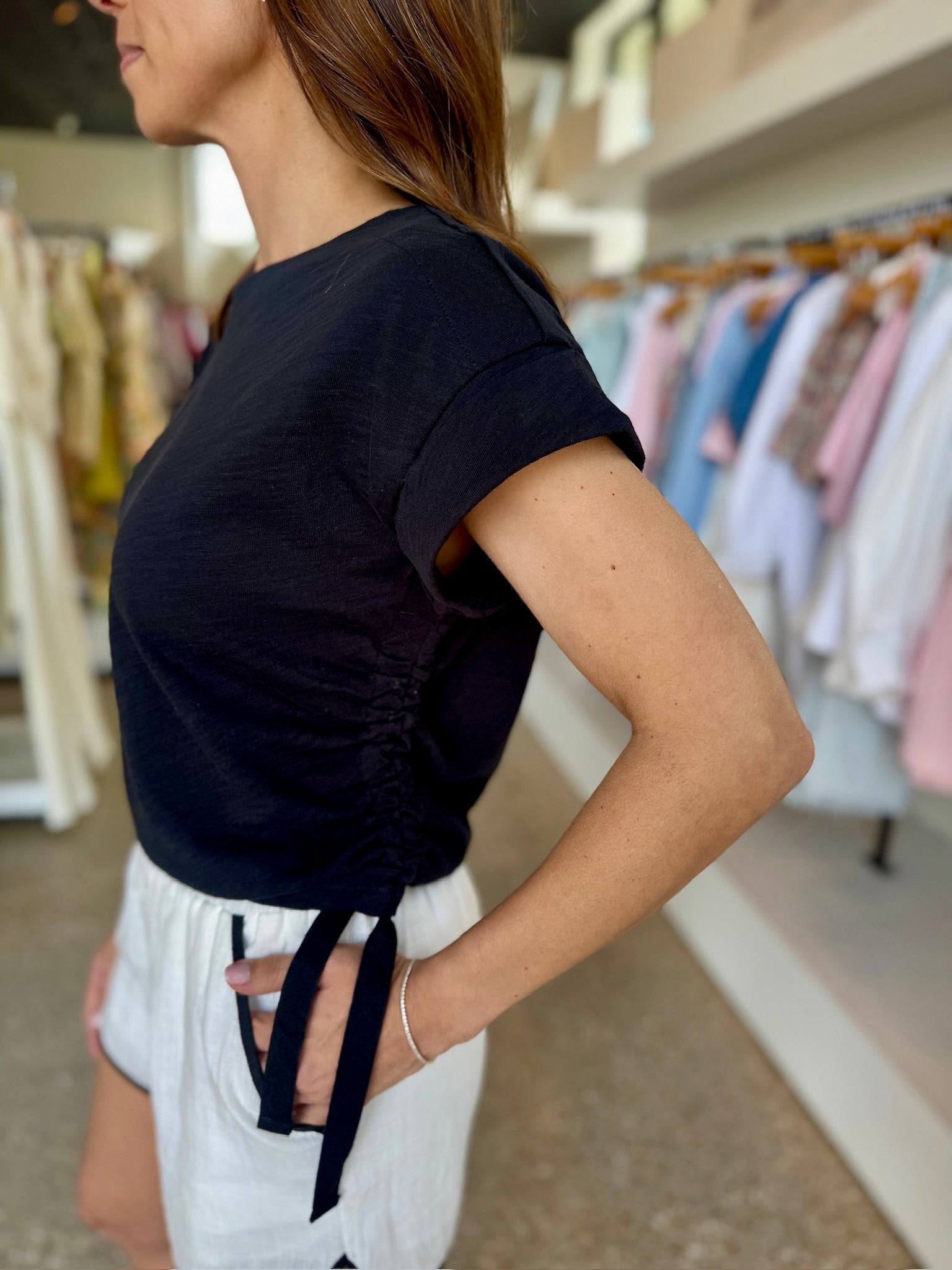 Black Ruched Side Boatneck Tee - Amor Lafayette