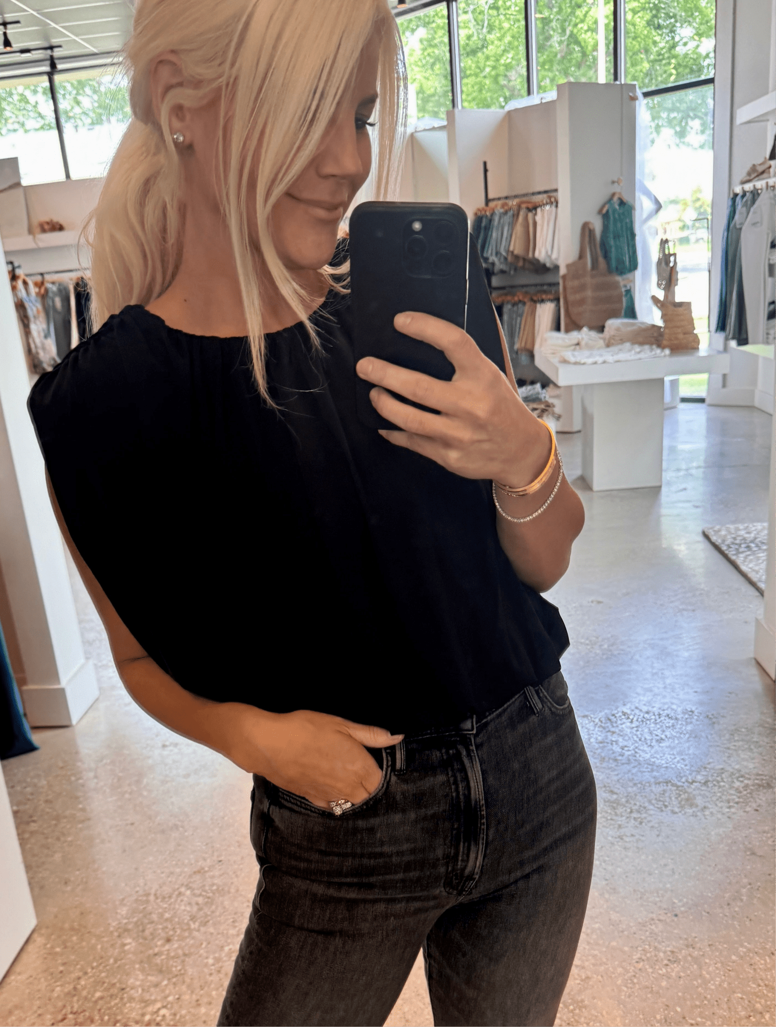 Black Shirred Shoulder Cropped Top - Amor Lafayette