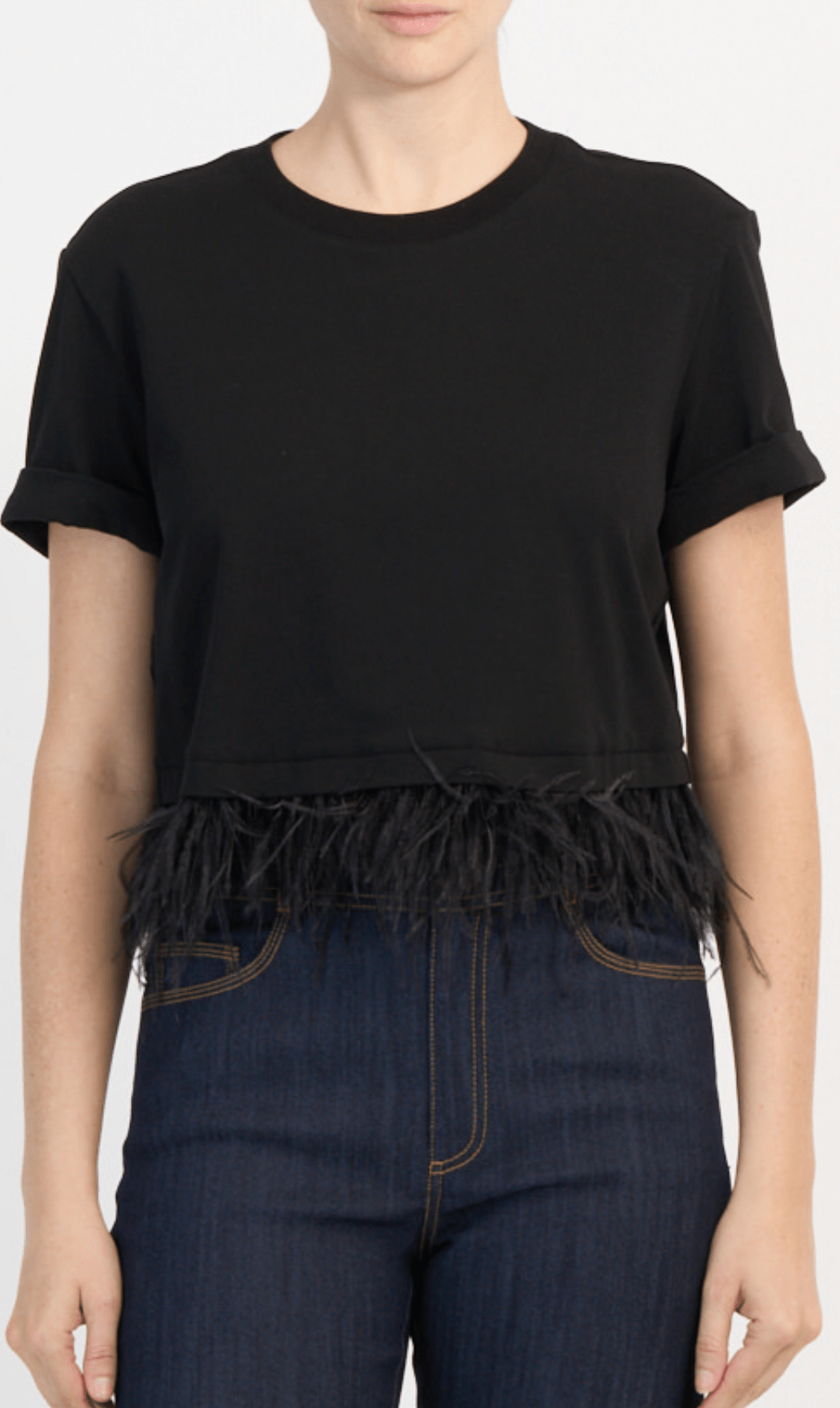 Black Short Sleeve Crop Feather Tee - Amor Lafayette
