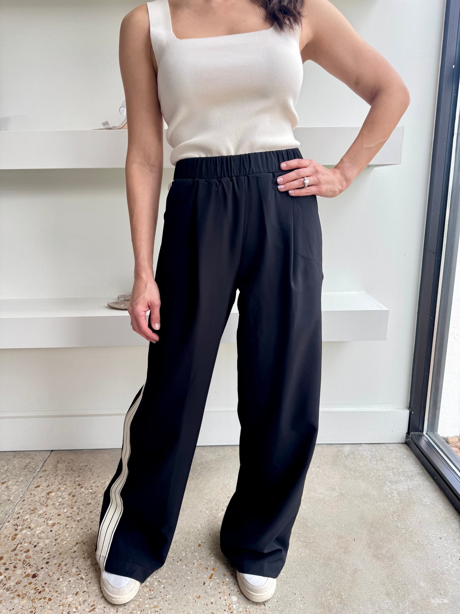 Black Side Stripe Wide Leg Pant - Amor Lafayette