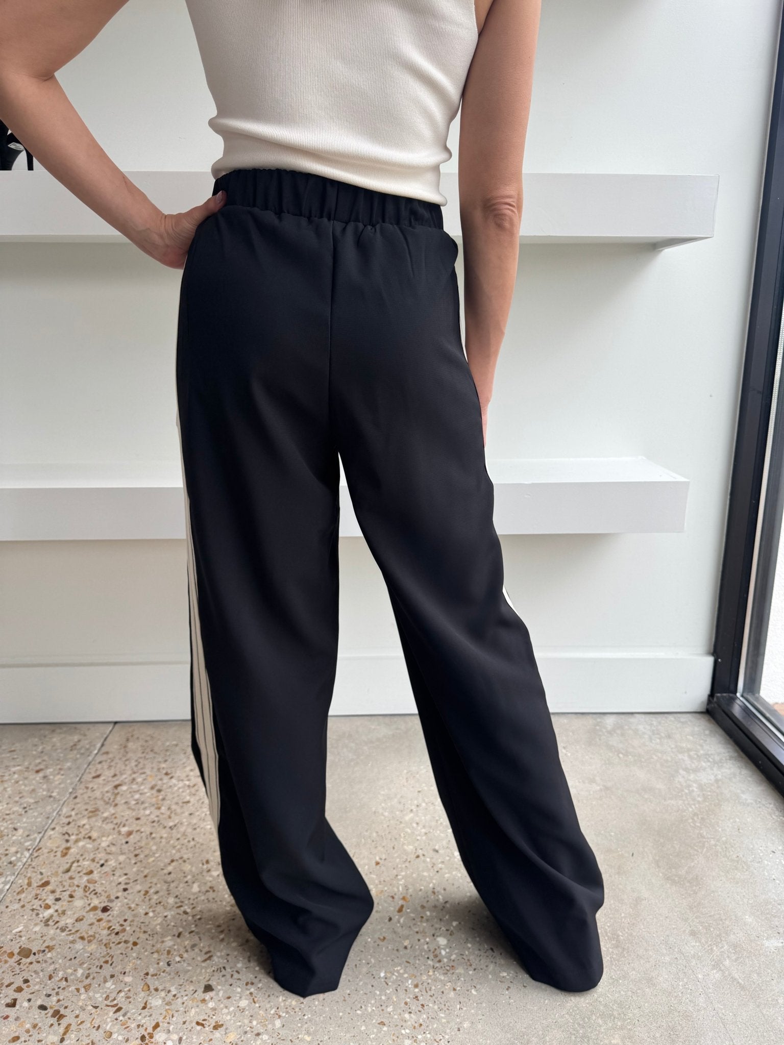 Black Side Stripe Wide Leg Pant - Amor Lafayette