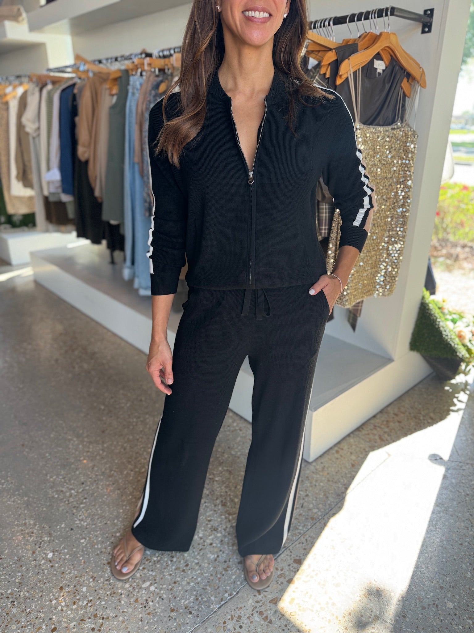 Black Thermal Striped Sleeve Jacket - Amor Lafayette