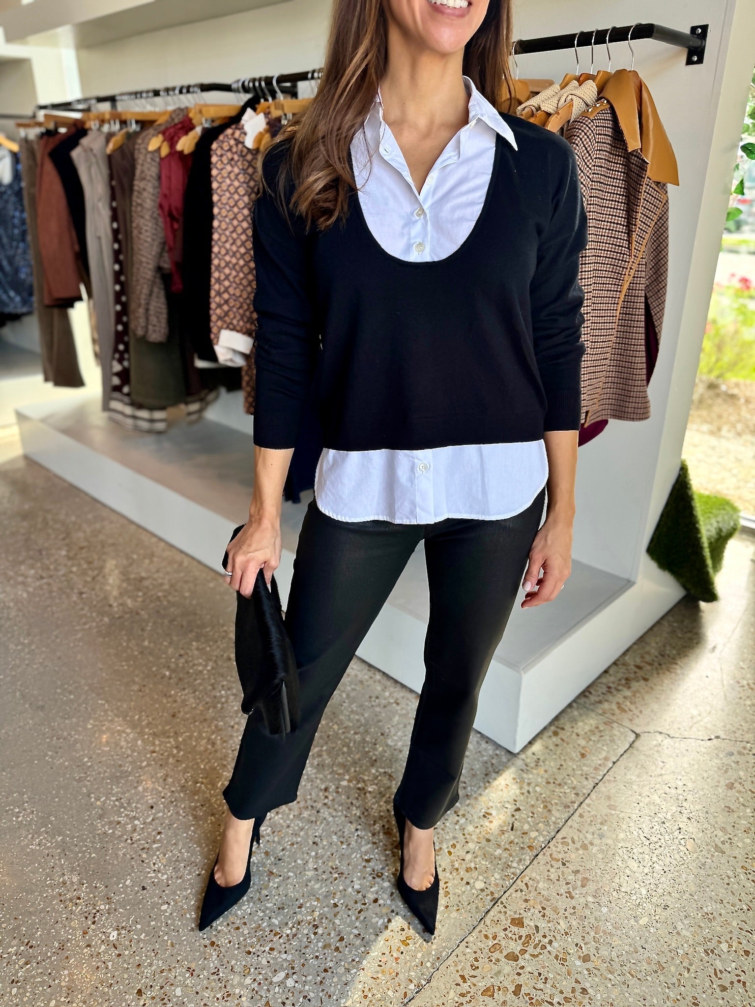 Black U - Neck Shirt Collar Top - Amor Lafayette