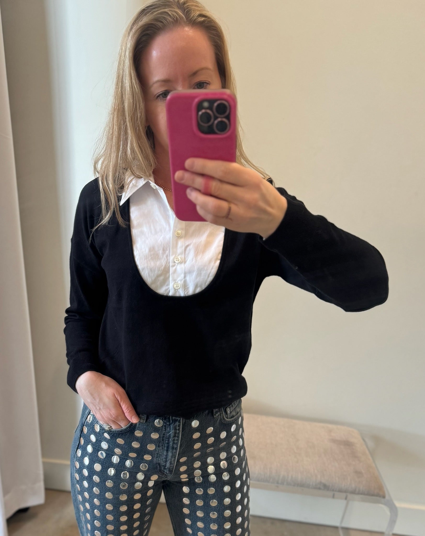 Black U - Neck Shirt Collar Top - Amor Lafayette