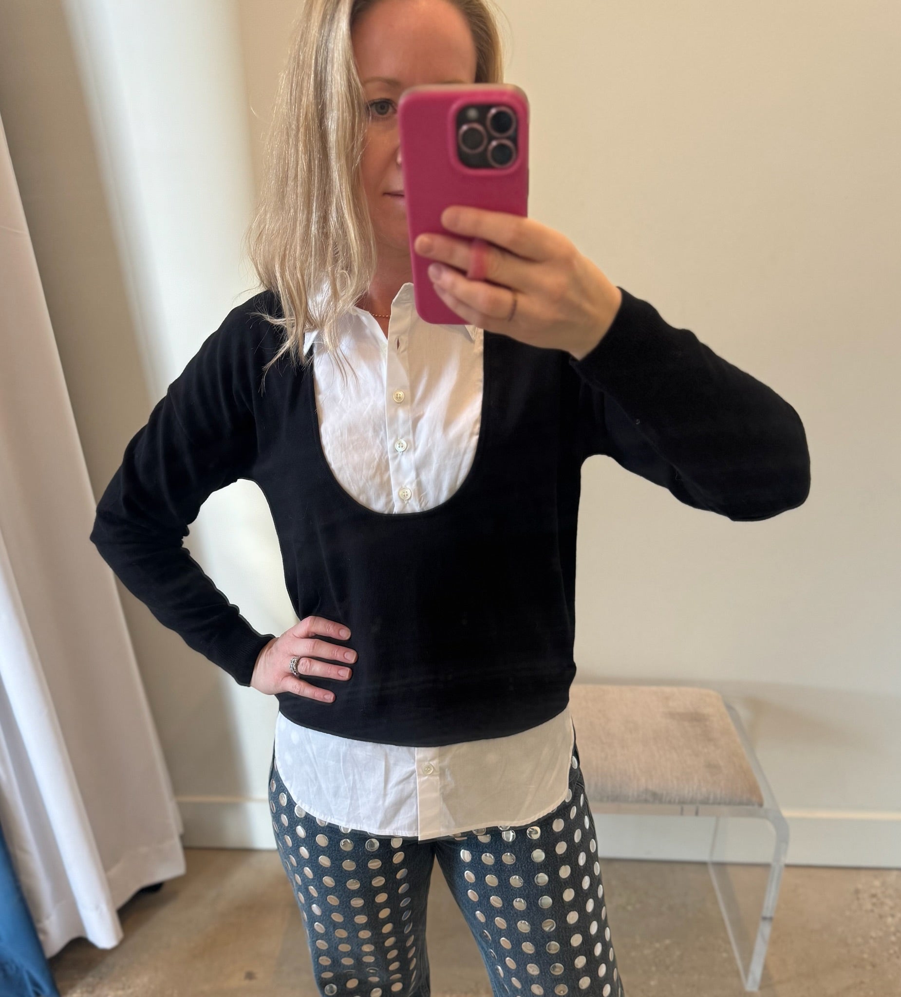 Black U - Neck Shirt Collar Top - Amor Lafayette