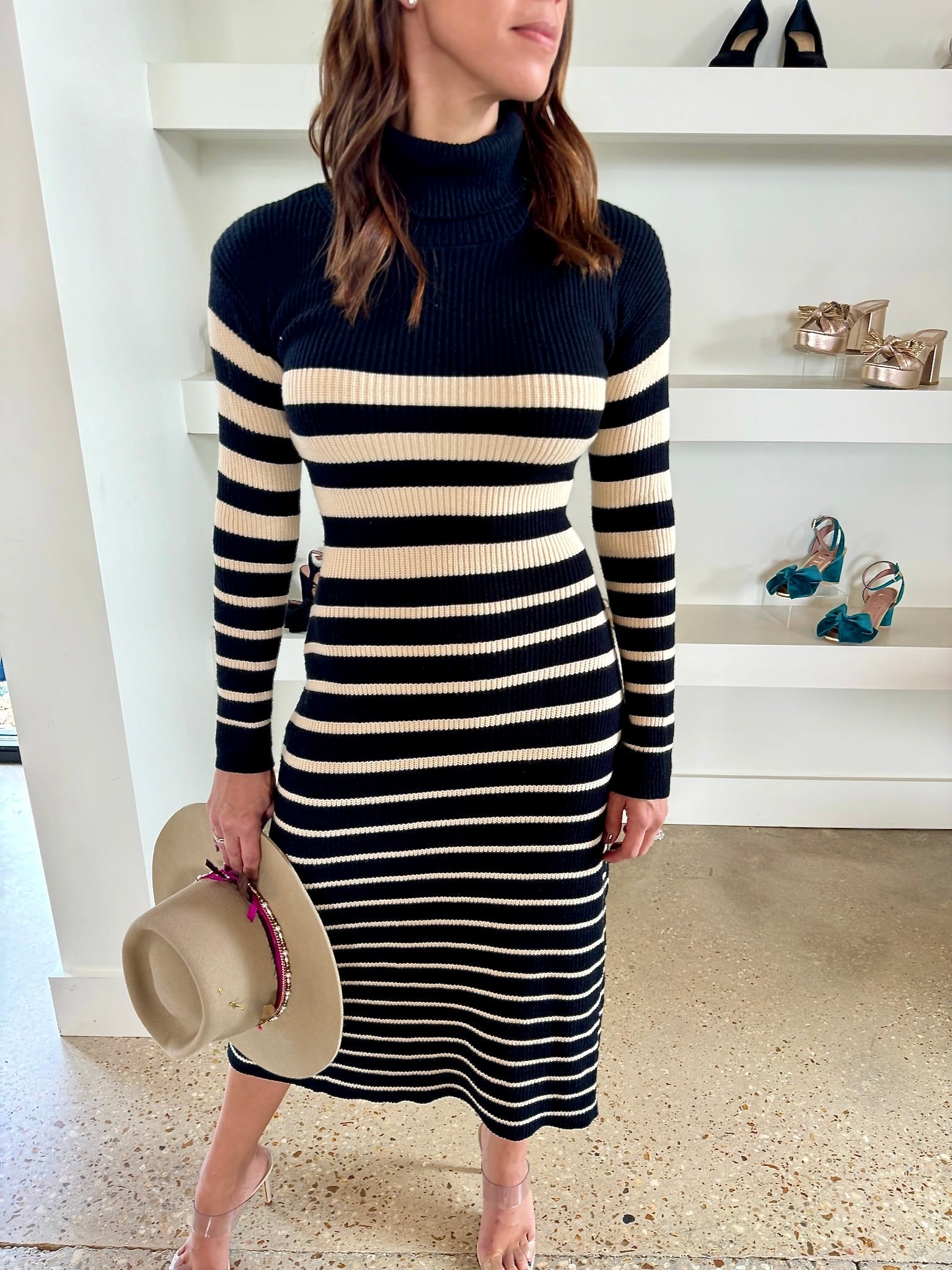 Black with Ecru Stripes Davidia Knit Dress - Amor Lafayette