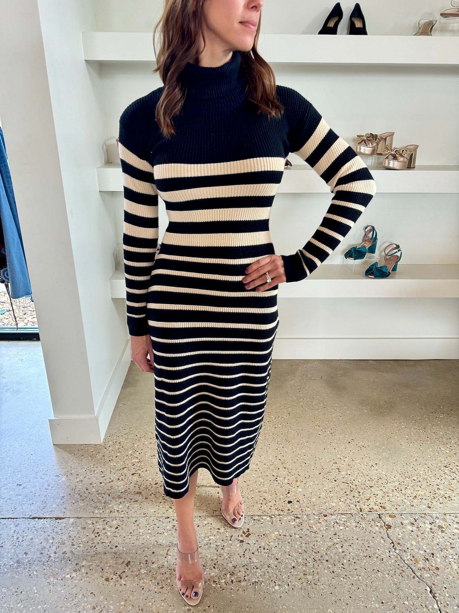 Black with Ecru Stripes Davidia Knit Dress - Amor Lafayette