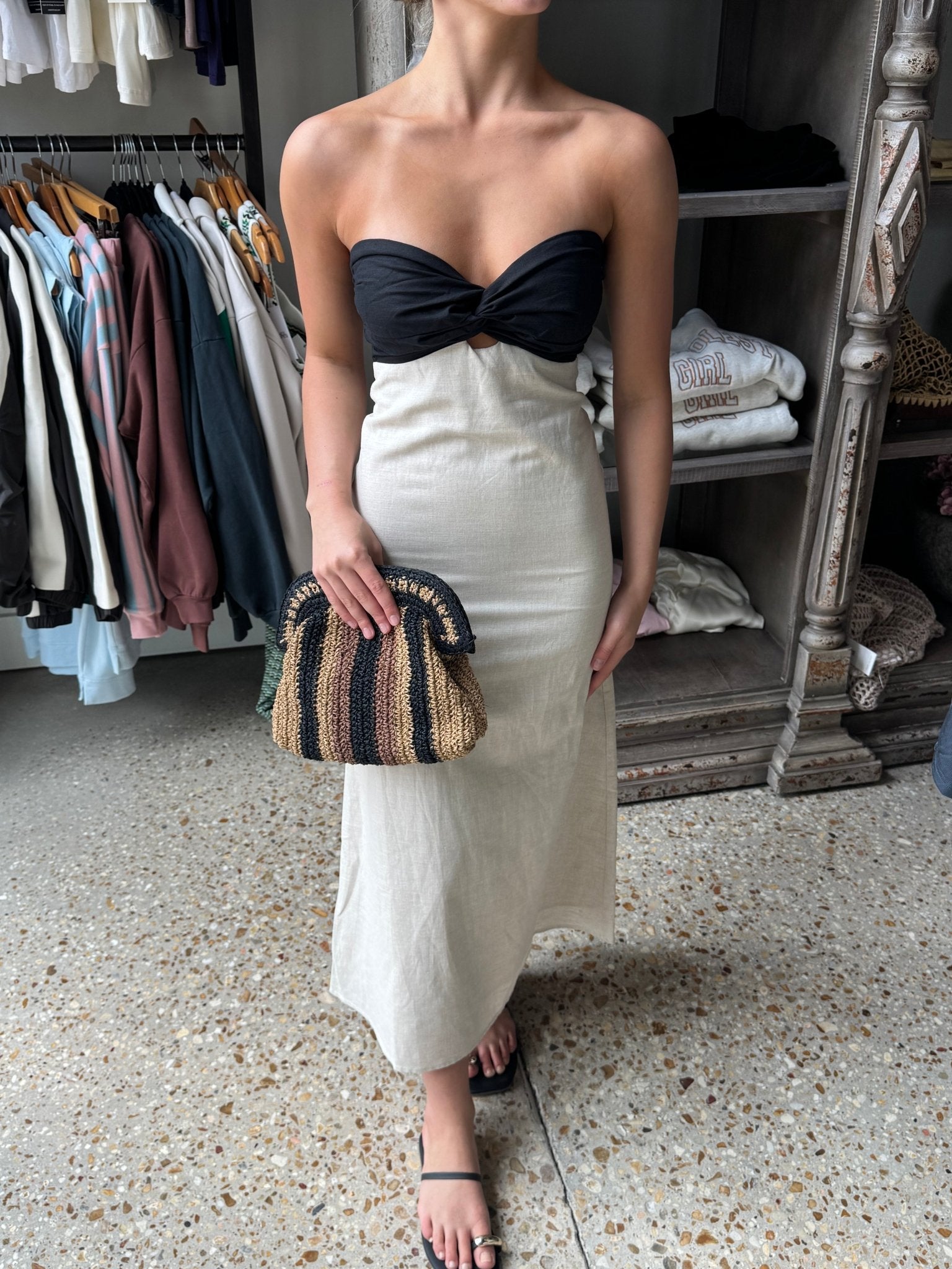 Black/Oatmeal Emery Linen Colorblock Front Twist Midi Dress - Amor Lafayette