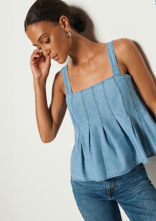 Blue Chambray Faded Blue Dove Pleated Tank - Amor Lafayette