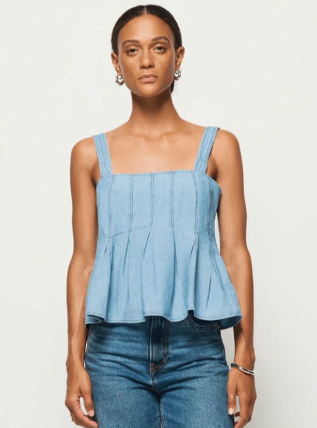 Blue Chambray Faded Blue Dove Pleated Tank - Amor Lafayette