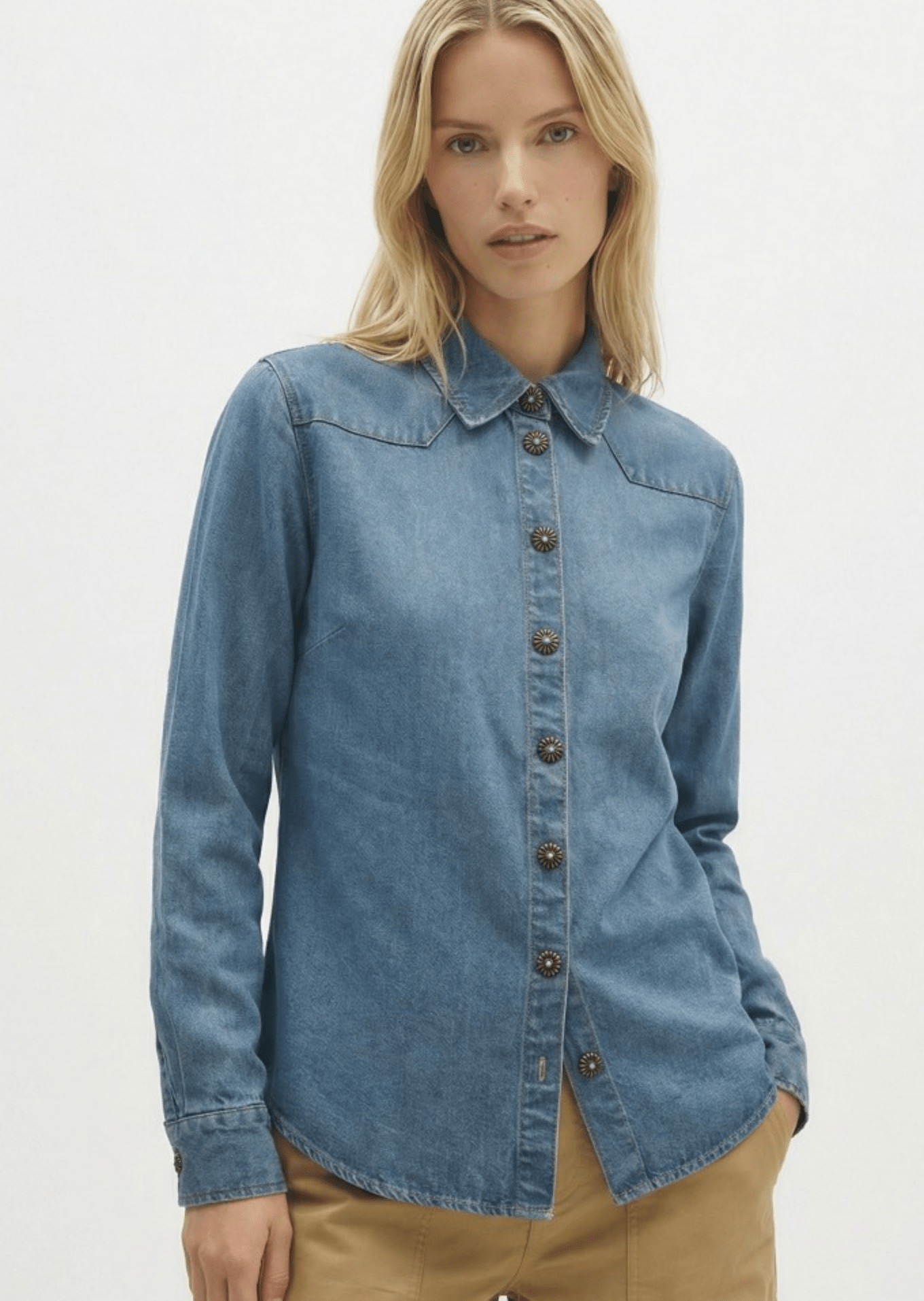 Blue Denim Chimise Tencel Boutons Fleurs - Amor Lafayette