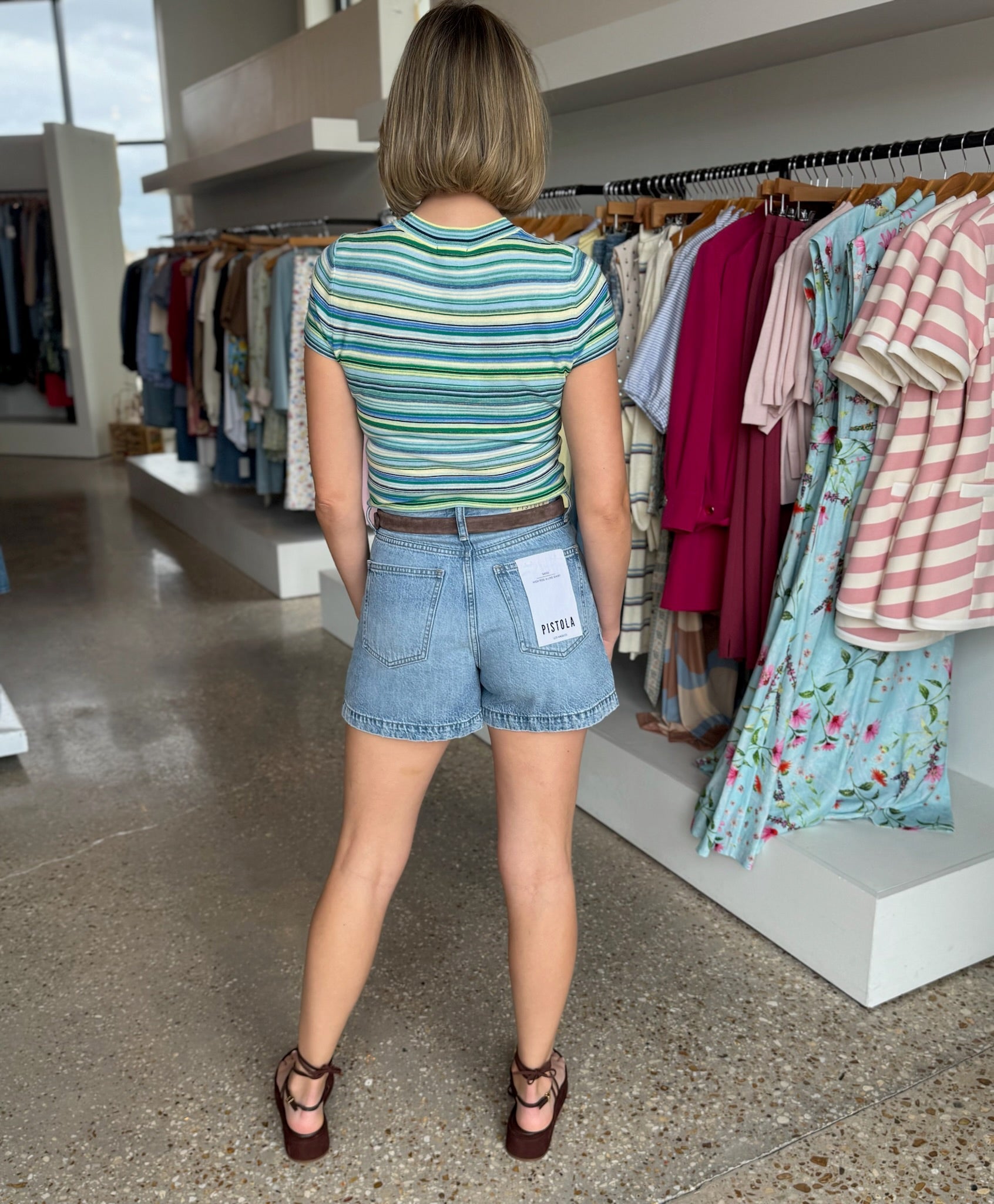 Blue Green Multi Selene Short Sleeve Sweater Tee - Amor Lafayette