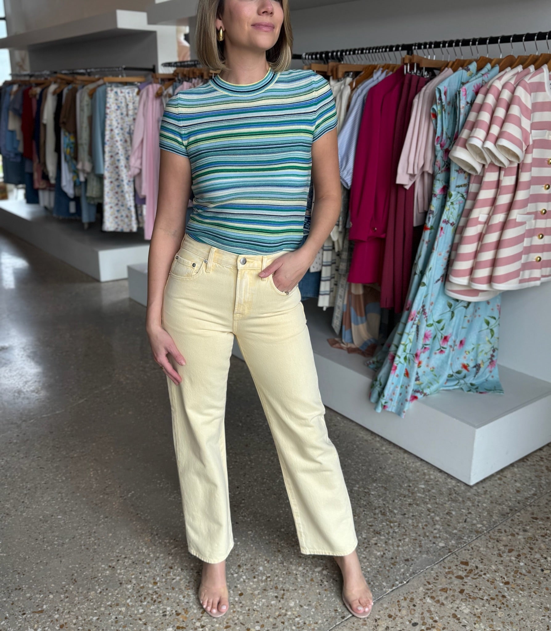 Blue Green Multi Selene Short Sleeve Sweater Tee - Amor Lafayette