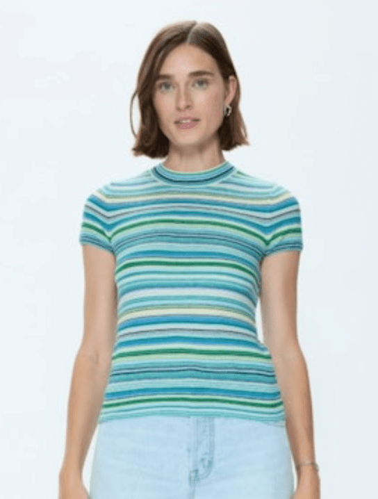 Blue Green Multi Selene Short Sleeve Sweater Tee - Amor Lafayette