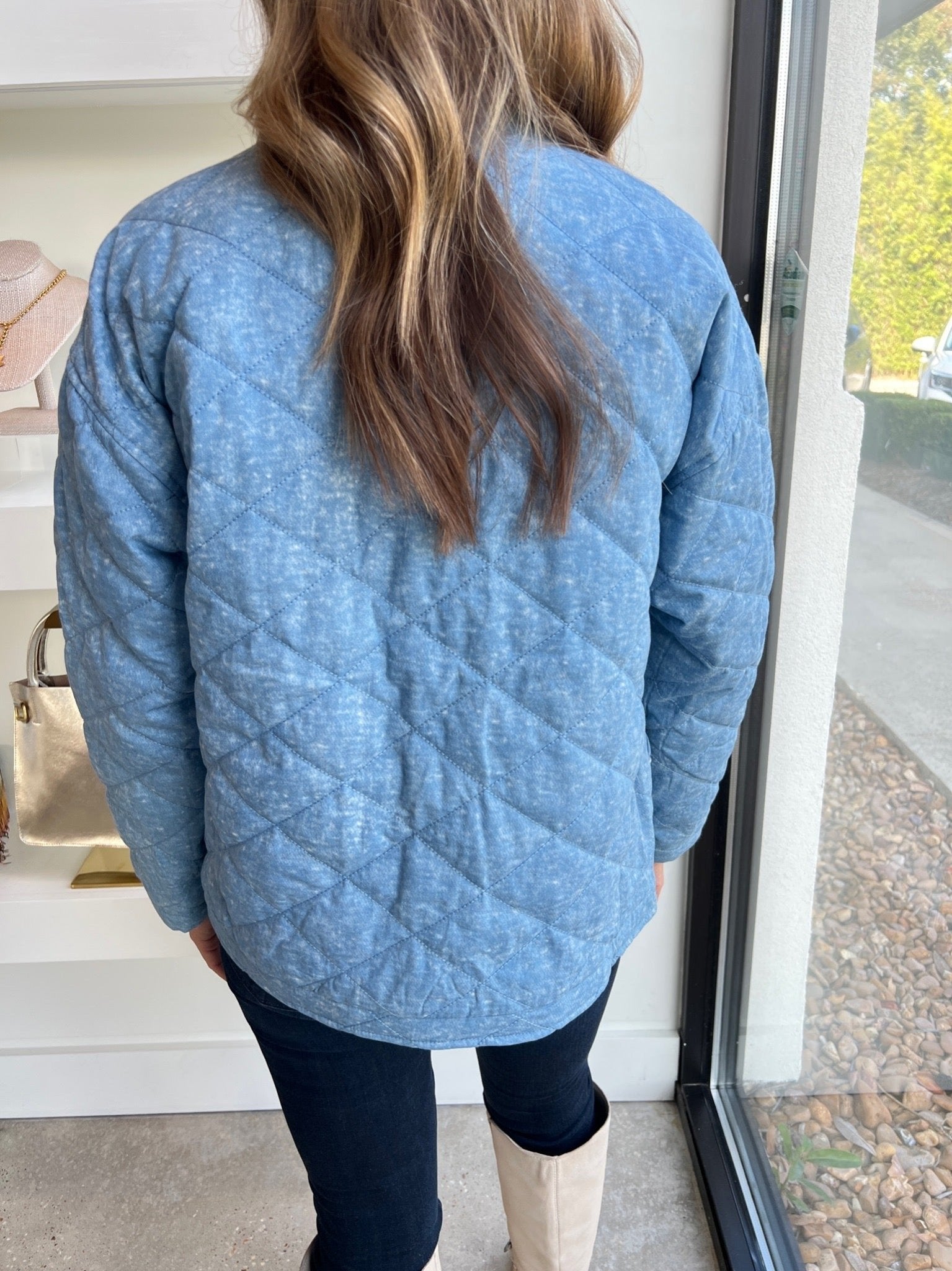 Blue Quilted Pearl Beaded Jacket - Amor Lafayette