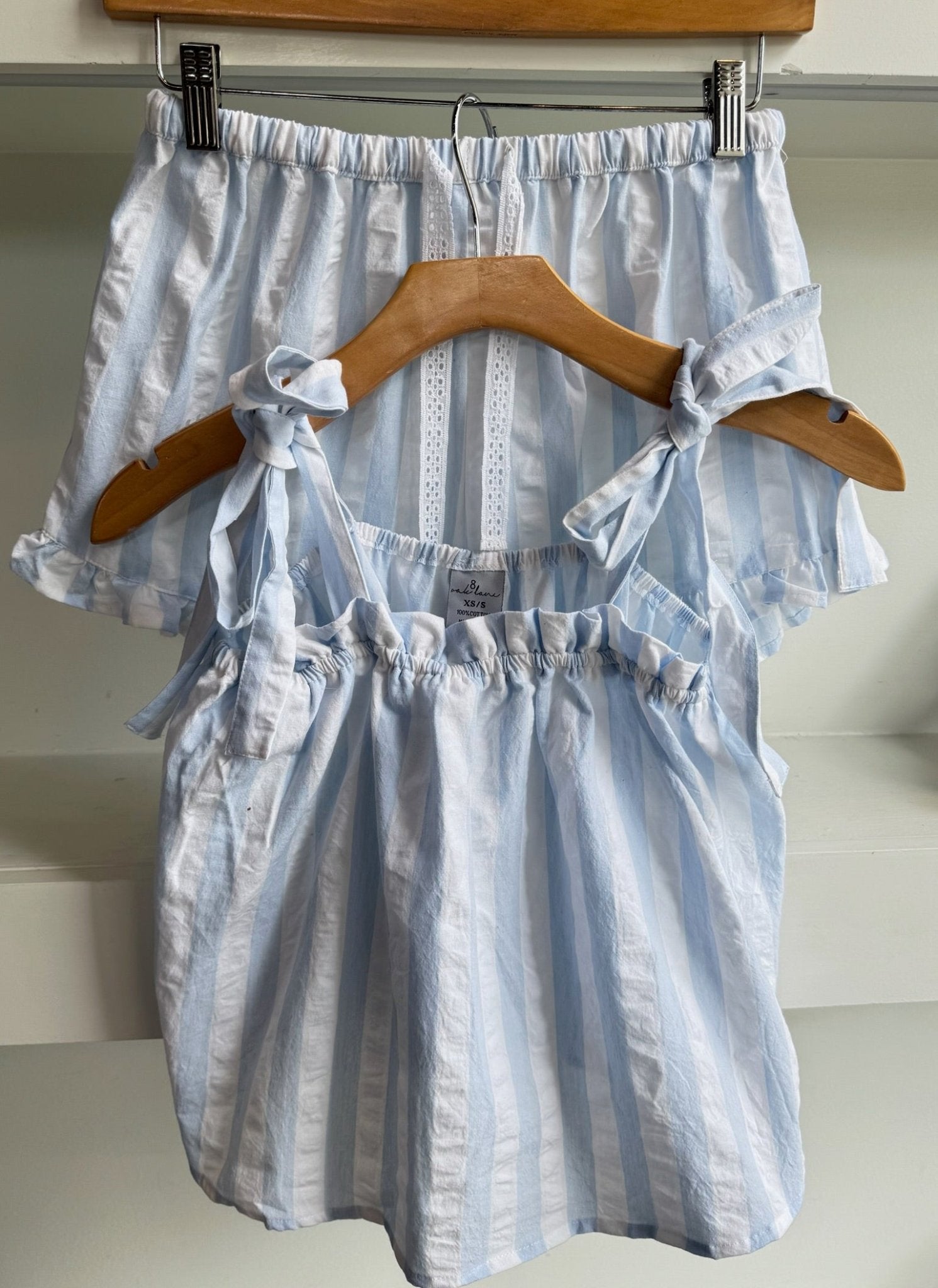 Blue & White Textured Tie Top Ruffle Sleep Set - Amor Lafayette
