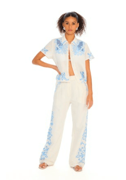 Blue/White Embroidered Audrey Pant - Amor Lafayette
