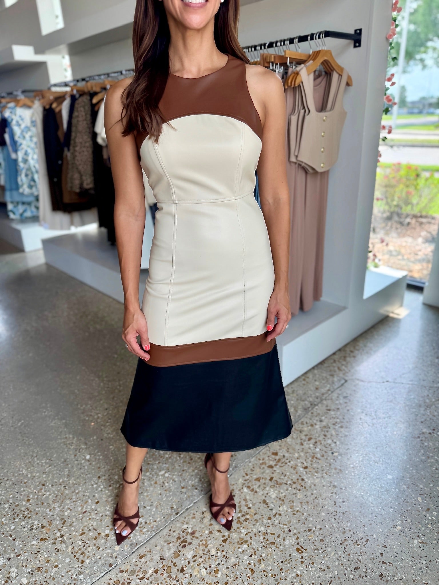 Brown Caspia Vegan Leather Colorblock Midi Dress - Amor Lafayette