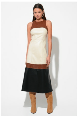 Brown Caspia Vegan Leather Colorblock Midi Dress - Amor Lafayette