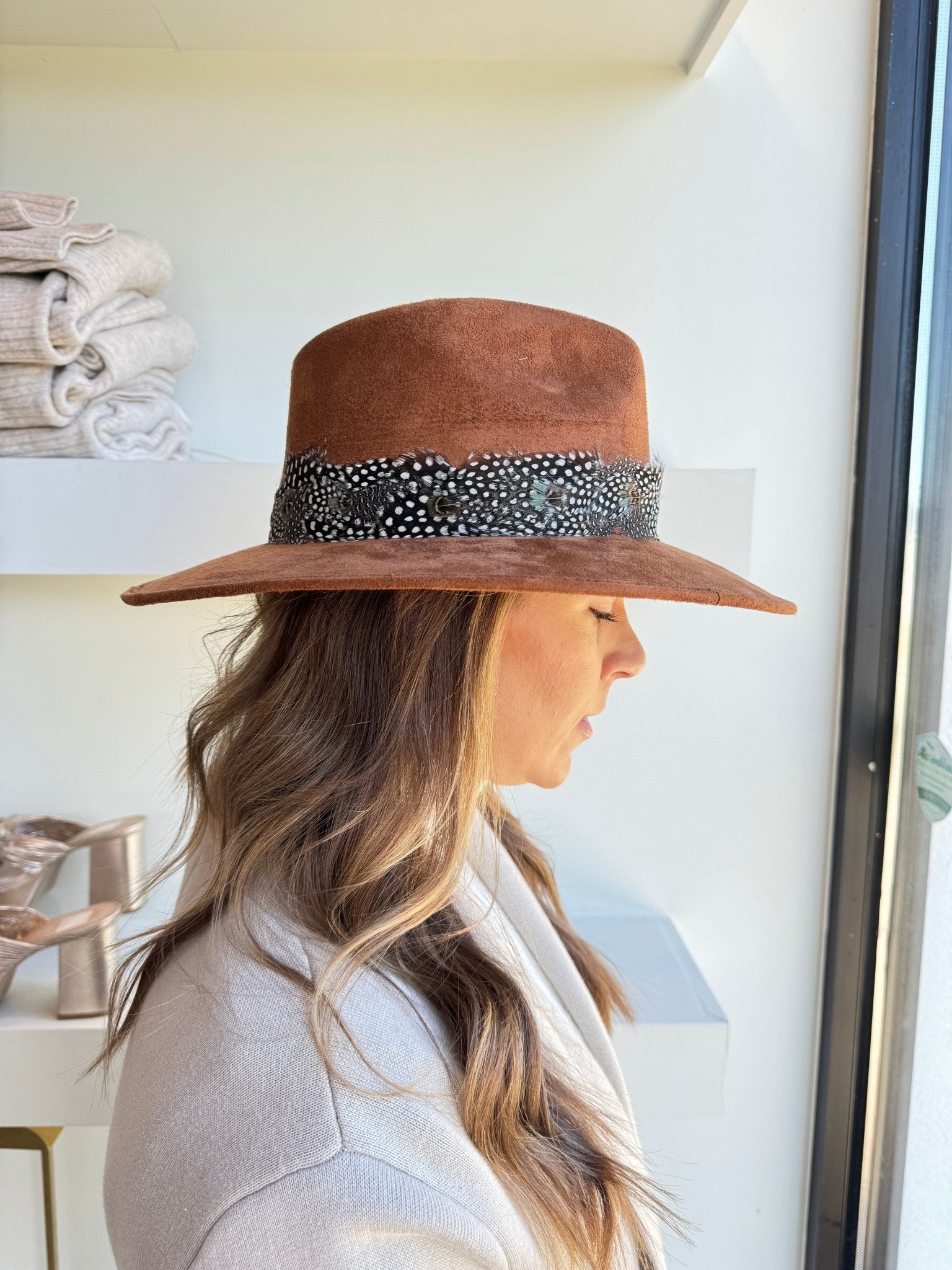 Brown Suede Feather Hat - Amor Lafayette